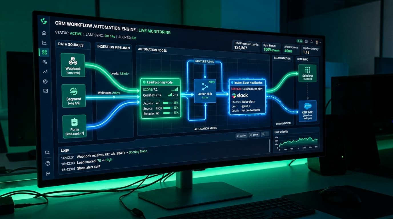 Autonomous CRM workflow automation engine and live data pipeline monitoring interface