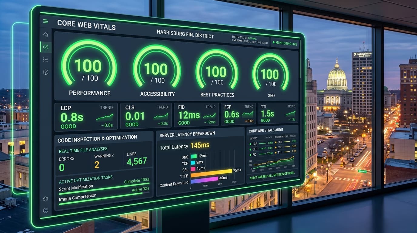 Harrisburg PA technical SEO audit dashboard with 100/100 Core Web Vitals performance scores