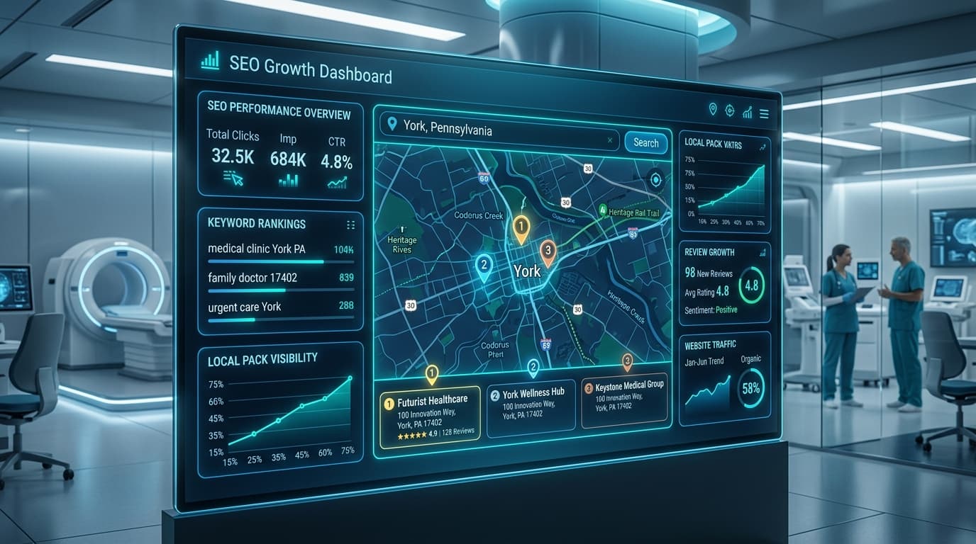 York Pennsylvania healthcare clinic SEO growth dashboard and Google Maps 3-pack visualization